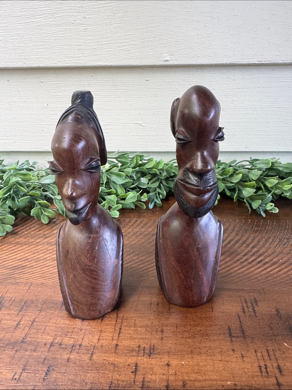 Vintage Carved Wooden African Bust Pair - Dark Brown